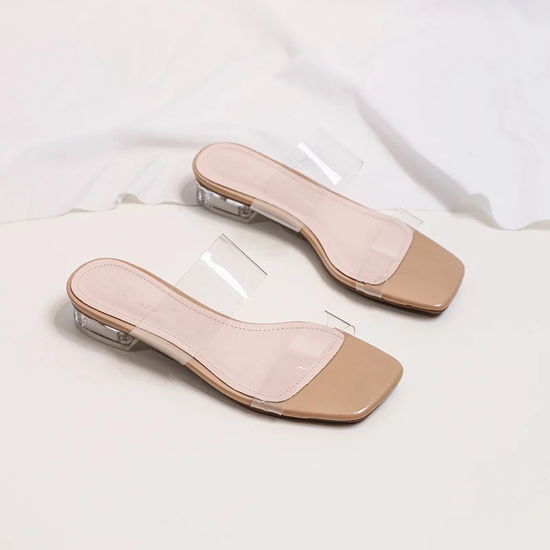 

Shoes Woman 2021 Med Low Transparent Slippers Luxury Slides Pantofle Jelly Flip Flops Heeled Mules Square heel Designer New Flat