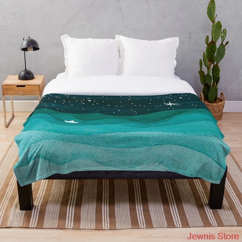 

Starry Ocean teal sailboat watercolor sea waves night Blanket Print on Demand Decorative Sherpa Blankets for Sofa bed Gift