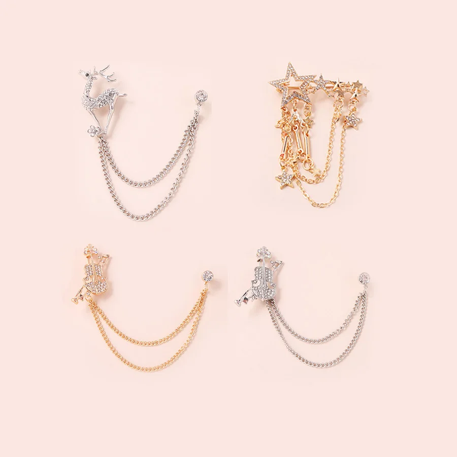 

Fashion Metal Chain Brooch Deer Violin Star Gold Silver Muslim Scarf Brooch Trend Men Women Party Jewelry Gift Dress Wholesale