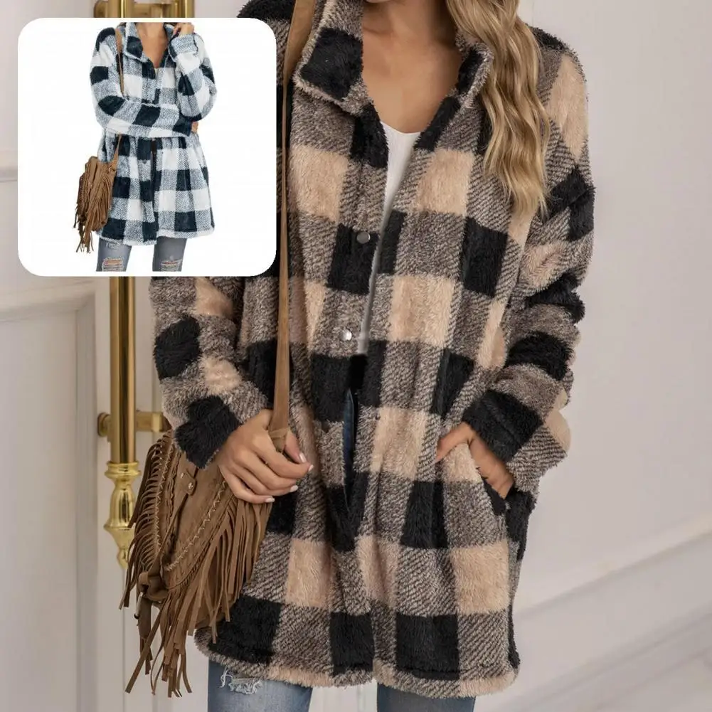 

Fluffy Coat Skin-Touch Shaggy Overcoat Fall Winter Cold Resistant Trendy Loose Plaid Print Women Plush Overcoat