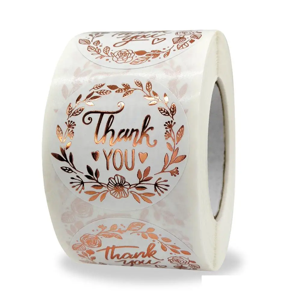 

500Pcs Gold Foil Thank You Stickers White Paper 1.5 Inch Floral Sticker for Business Packaging, Wedding, Party Favors, Envelopes