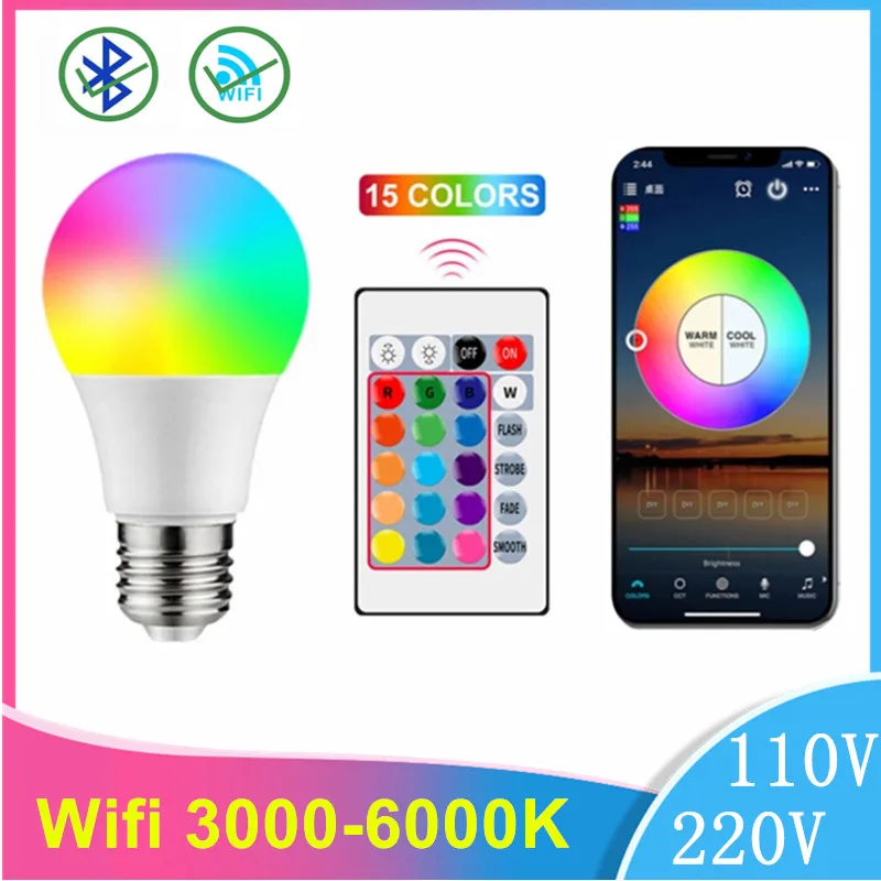 

B22 E27 Wifi+Bluetooth LED Light Smart Bulbs Infrared Remote App Control RGB Lamp Dimmable Alexa Google Assistant IOS Android