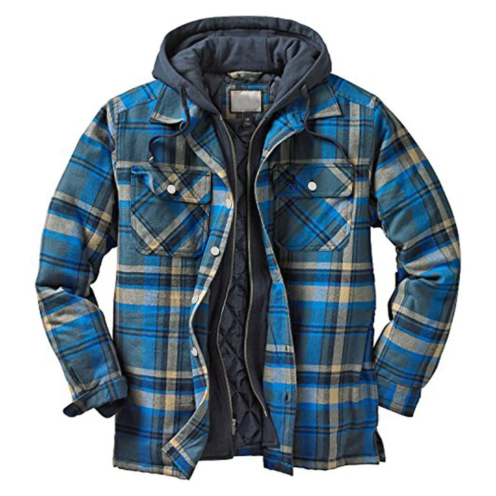 

2021 Autumn And Winter Men Jacket Hooded Color Block Print Plaid Jacket Coat Zipper Lapel Casual Windbreaker Padded Shirt Top