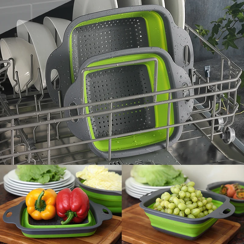 Square Silicone Foldable Fruit Vegetable Washing Basket Strainer Colander Collapsible Drainer With Handle Kitchen Tools | Дом и сад