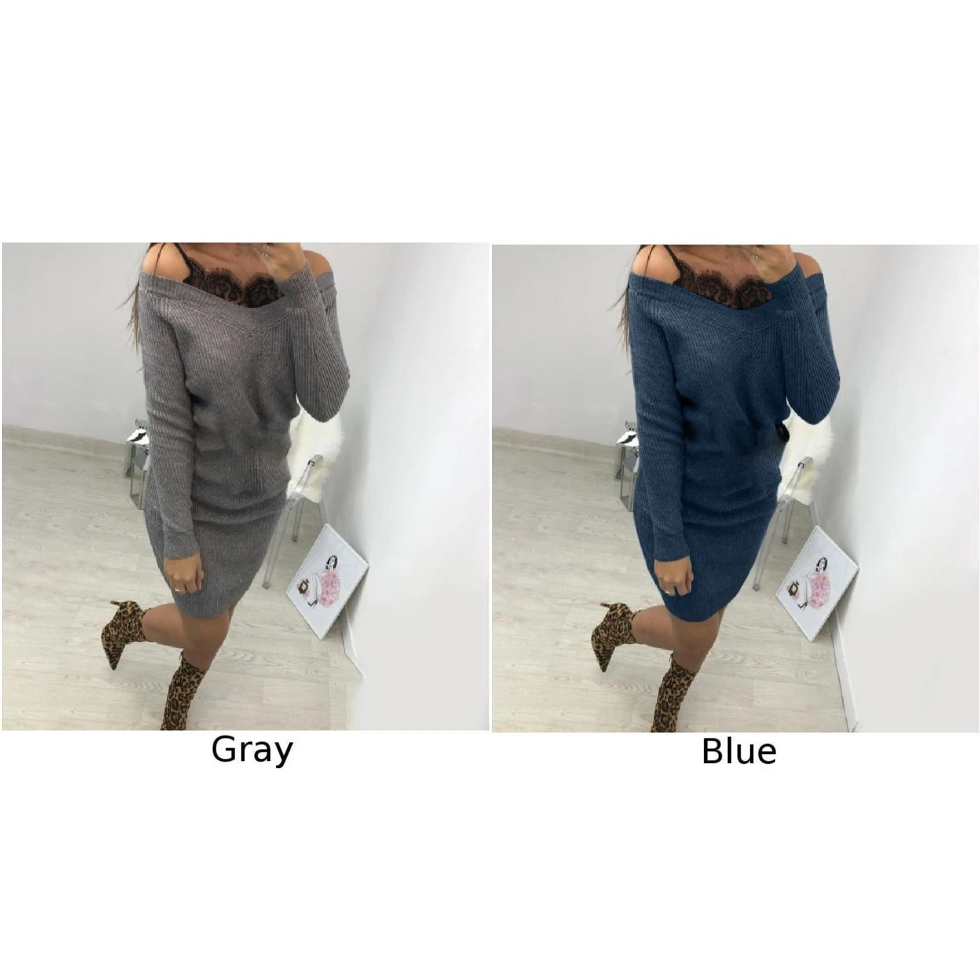 Женское платье свитер однотонное кружевное мини с v образным вырезом и длинным