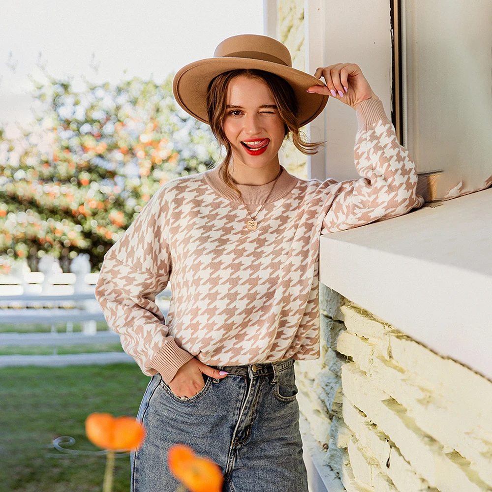 

Women Sweater Winter Korean Clothes Khaki Knitted Women Casual Houndstooth Pullover Female Autumn Retro Jumper Long Sleeve Tops