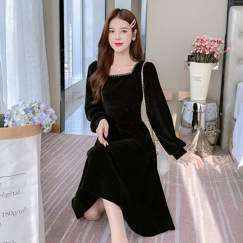

knitting Loose Women Dresses New Fashion Casual Long Sleeve Dress A-LINE Knee-Length Solid Color Square-collar Autumn Houthion