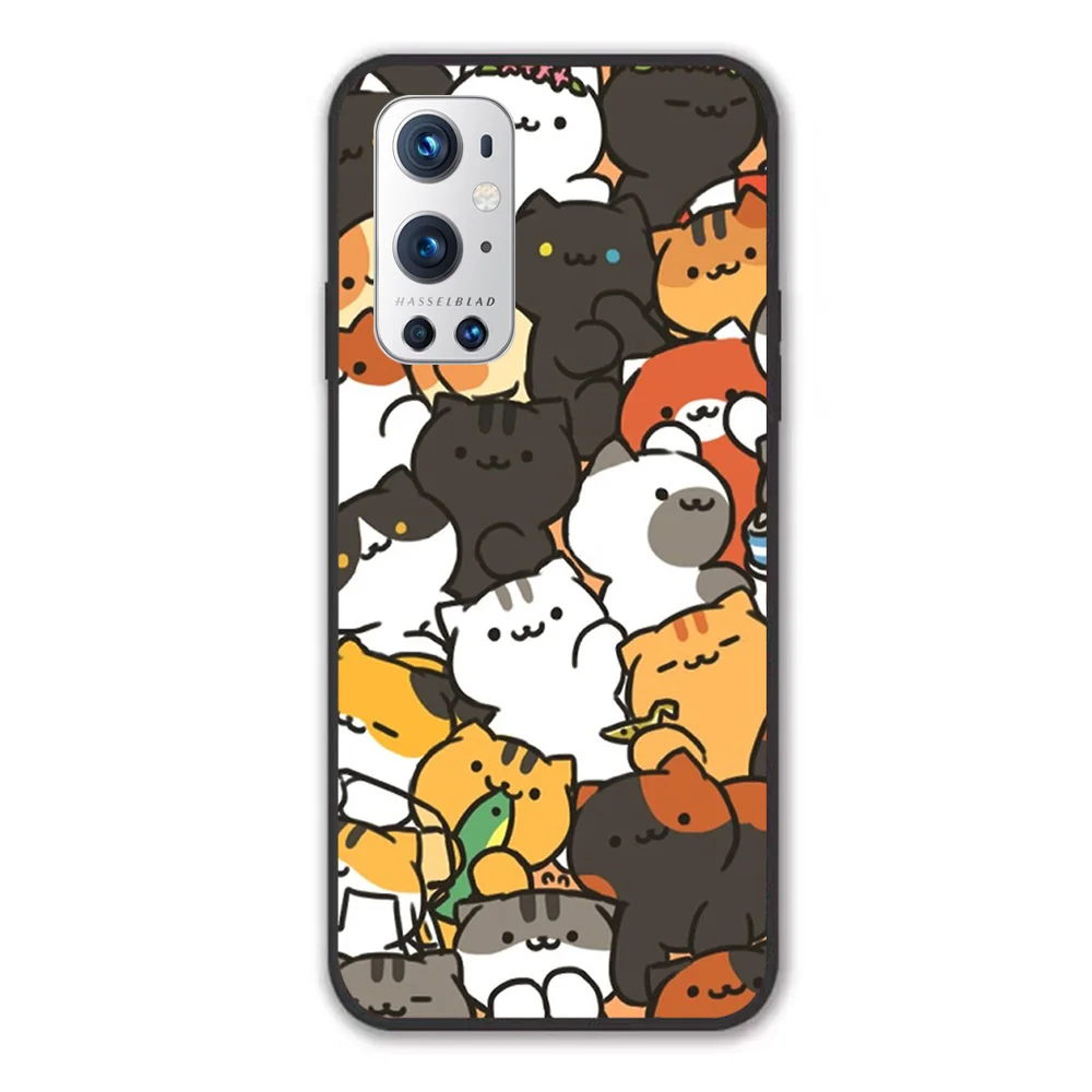 

Neko atsume Pattern Phone Case For 1+ Oneplus 7 7T 7Pro 8 8T 8Pro 9 9Pro Case Black TPU Frame Anti-drop