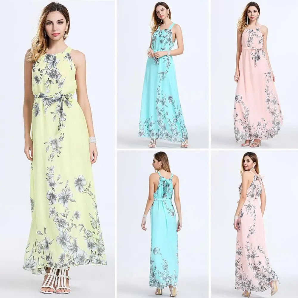 

Women's Slim Sleeveless Printed Long Dress Fashion Summer Big Swing Round Neck Slim Women's Dress Elegant Sexy Boho Beach Dress
