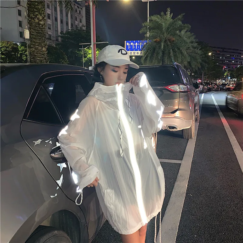 Hoodies Women Harajuku Oversized Outerwear &amp Coats Reflective Moon Stars Printed Loose Casual Hooded Swaetshirt Sun Protection |
