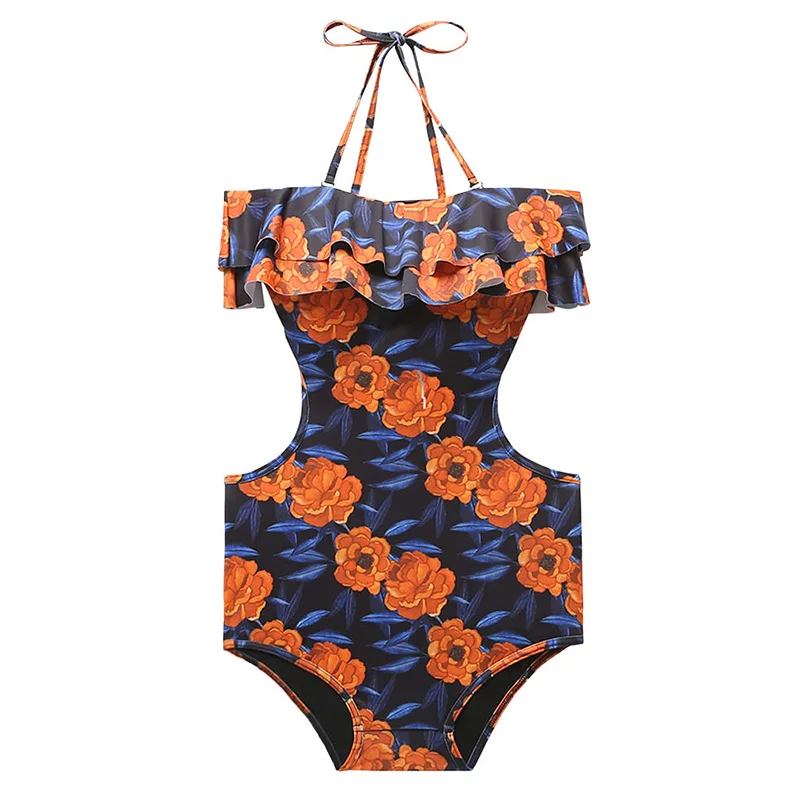 2020 корейский Оранжевый Цветочный слитный купальник с оборками Женский