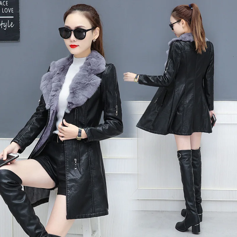 2021 New atutumn Women's Leather Jacket Warm Big Fur Collar Long Leather Coat Balck Outerwear Slim Fit Overcoat Plus Size S-5XL