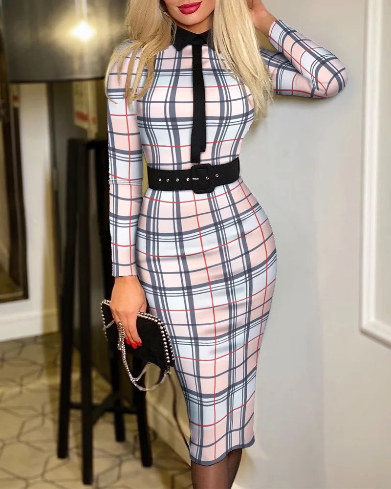 

2021 Autumn Slim Fit Sexy Turn-down Collar Long Sleeve Elegant Bodycon Dresses for Women Fashion Midi Dress With Belt