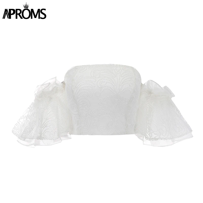 Белый Aproms Элегантный с плеча кружева Mesh Crop Top Для женщин пикантные открытые белые бак тосп Прохладный расклешенными рукавами для девочек трубки майки - Цвет: Белый