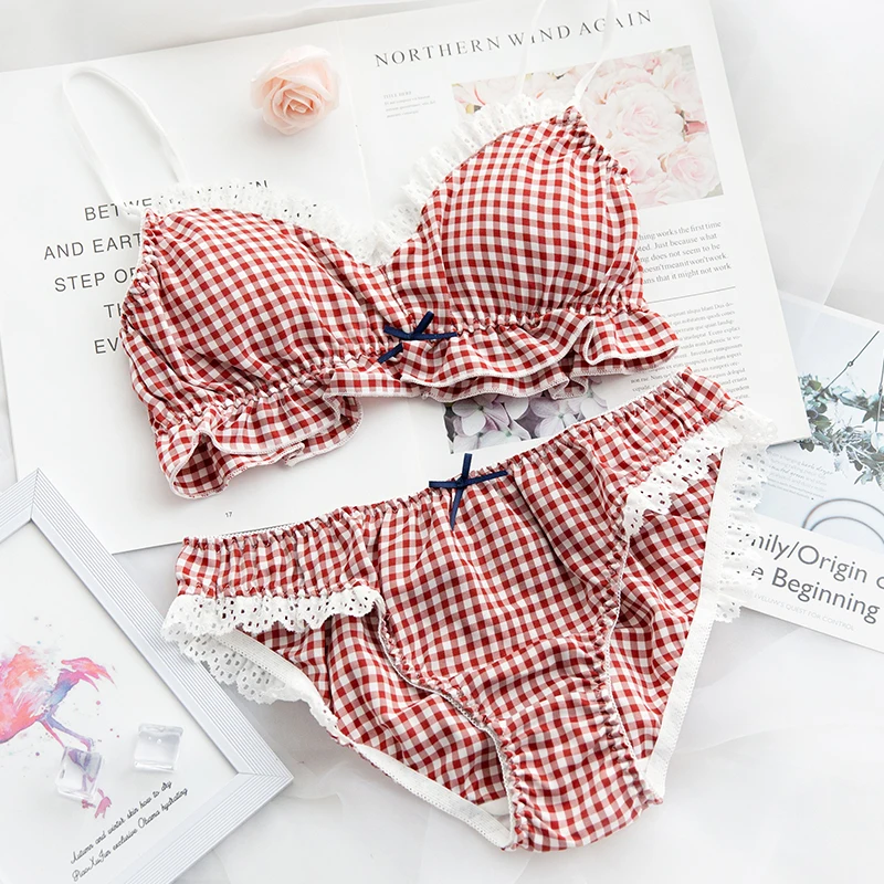 Маленький свежий Японский Милый Винтажный комплект нижнего белья в клетку с