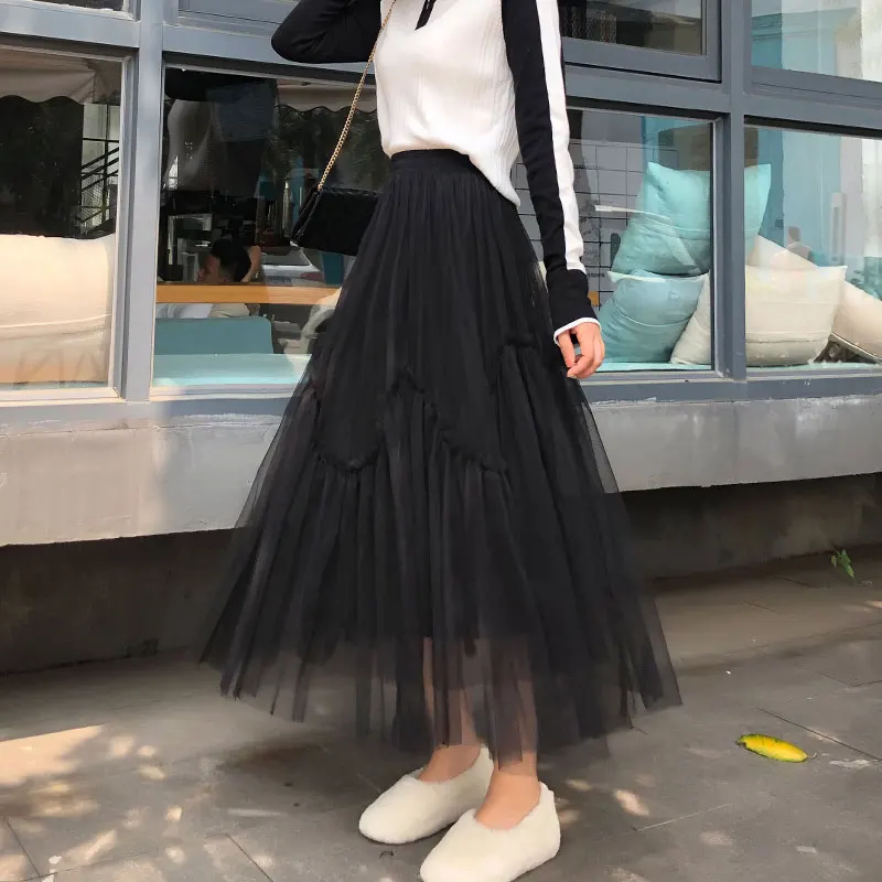 Женская длинная юбка феи белая тонкая сетчатая Осень-зима 2019 | одежда