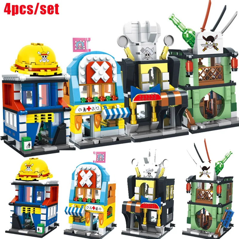 

4 pieces/set of new cartoon classic movie One Piece Luffy Sauron Street View Store Building Block Model Children's Toy Gift
