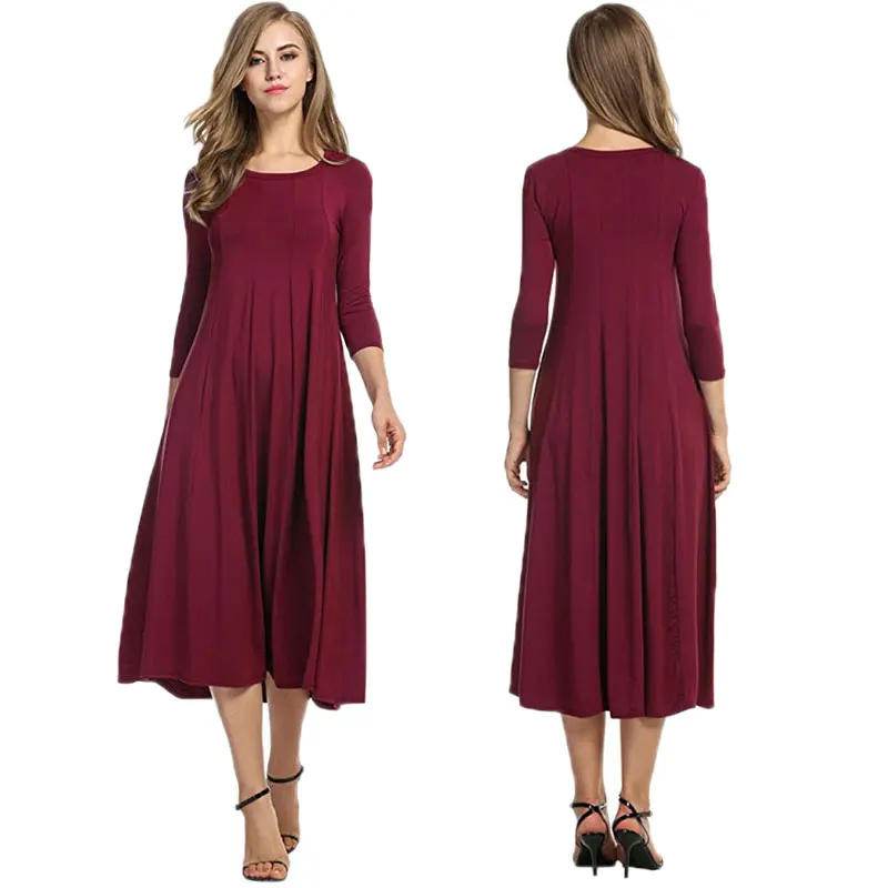 

Spring Autumn Ladies Crew Neck Solid Mid Sleeve Long Dress Women Big Hem One Piece Suit Female Payty Casual Wear Plus Size