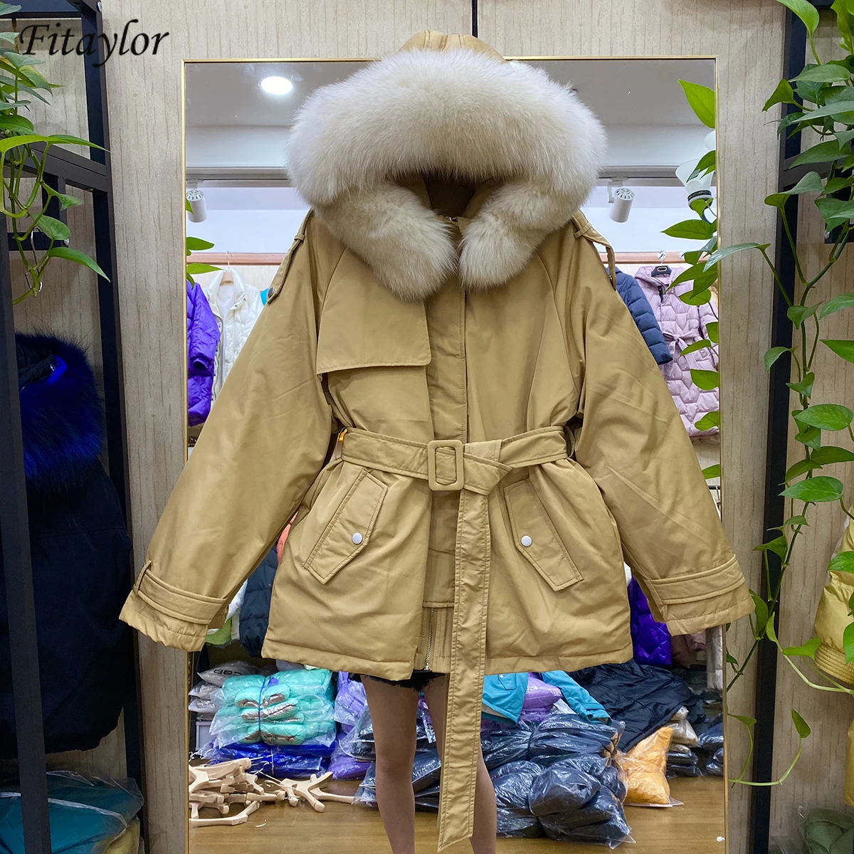 Fitaylor Women Winter 90% White Duck Down Jacket Belt Up Big Real Fur Collar Coat Warm Office Lady Black Fashion Outwear | Женская