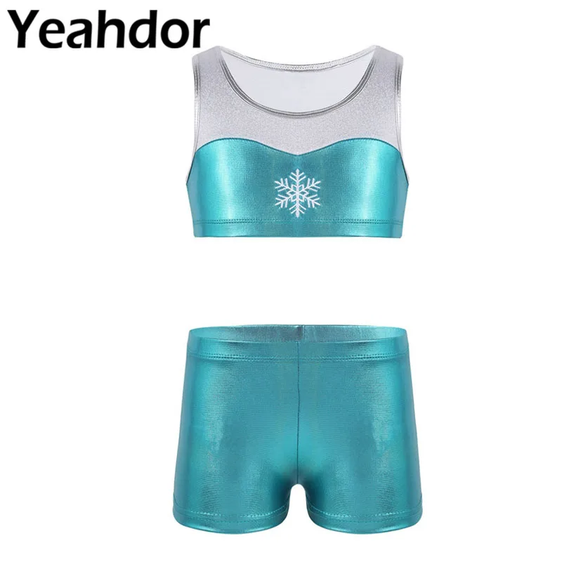 

2PCS Kids Girls Tankini Outfit Sleeveless Shiny Snowflake Embroidery Tank Top with Bottoms Ballet Dance Gym Workout Athletic Set