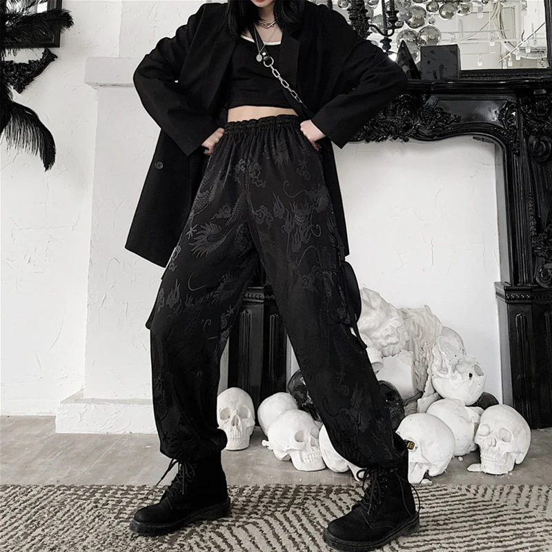 

Streetwear Wide Leg Pants Women Gothic Harajuku Vintage Dargon Print Cargo Pants Female Punk Black Long Trousers Fashion