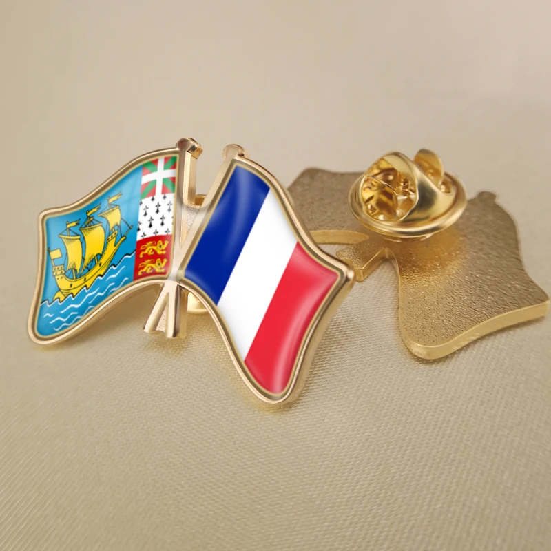 

St Pierre and Miquelon and France Crossed Double Friendship Flags Lapel Pins Brooch Badges