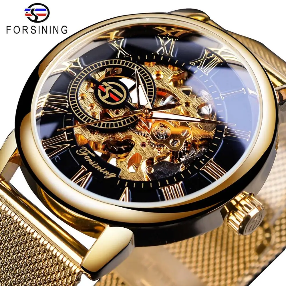 Black Golden Forsining прозрачный чехол мода 3D логотип гравировка для мужчин часы лучший бренд класса люкс механические скелет наручные часы для мужчин - Цвет: Black Golden