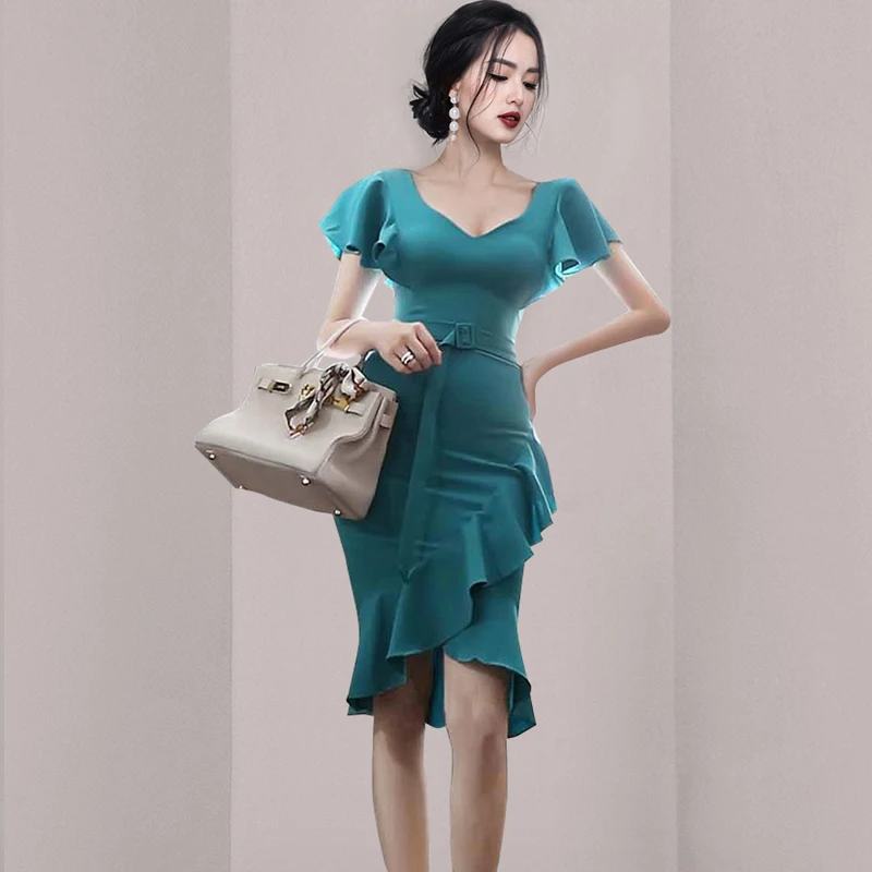Женское офисное платье с оборками однотонное зеленое в Корейском стиле высокой