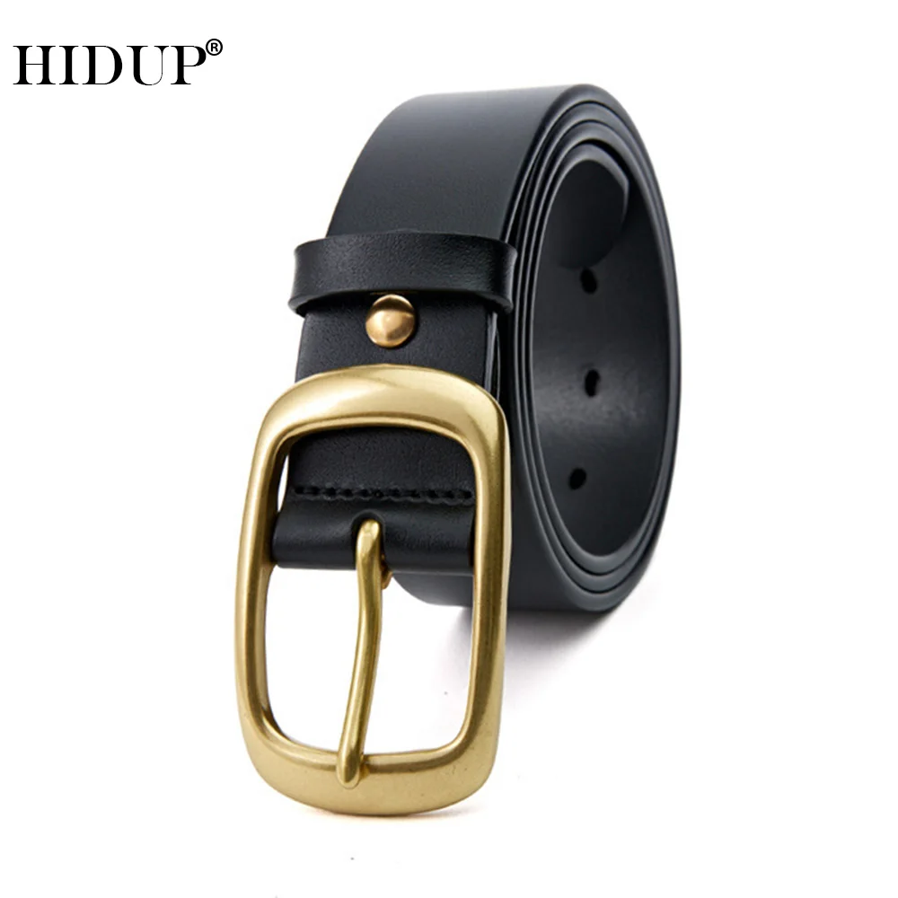 HIDUP All-match Retro Style Cow Skin Leather Belt Solid Brass Buckle Handmake 100% Solid Cowhide Belts Jeans Accessories NWJ1116