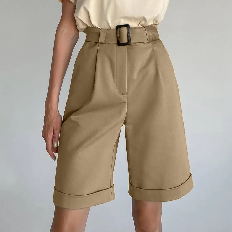 

traf 2021 European and American women's shorts material flanging with pocket zipper button solid color fashion casual pants sho