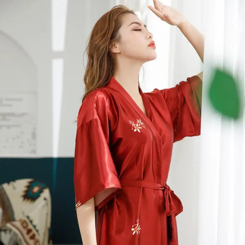 Print Crane Lady Kimono Bathrobe Gown Women Wedding Robe Loose Soft Satin Nightgown Sleepwear V-neck Long Novelty Nightwear | Женские
