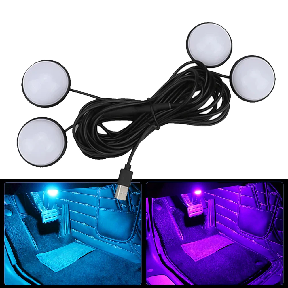 

4pcs Led Car Foot Lights Pure Color Ambient Lamp Blue/Ice Blue/Pink 12V Auto Interior Decorative Atmosphere Light Car Products