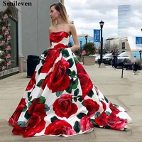 smileven printing prom dress a line rose flowers formal evening dress strapless arabic robe de soiree backless evening gowns
