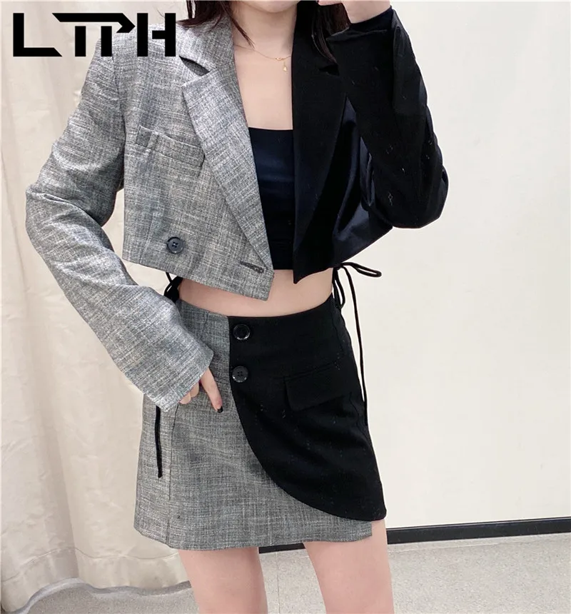 LTPH-Chaqueta corta de estilo inglés para mujeres faldas trajes vintage de retazos, trajes de falda irregular de cintura alta, primavera 2021