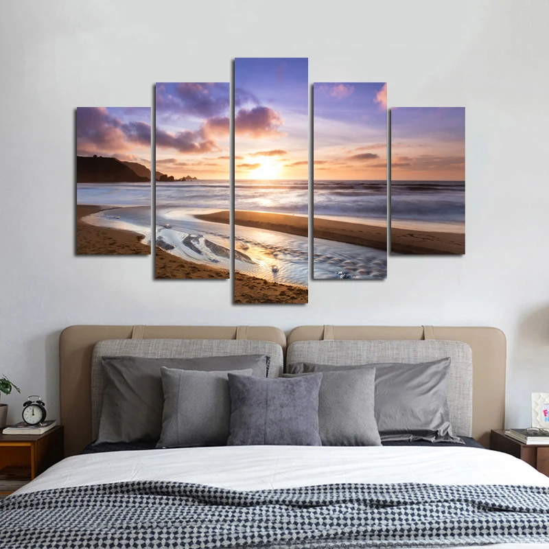 

Modern 5 Panel Beach Sunset Poster Landscape Pictures Canvas Painting Wall Art for Living Room Home Decor Seascape Prints Sky