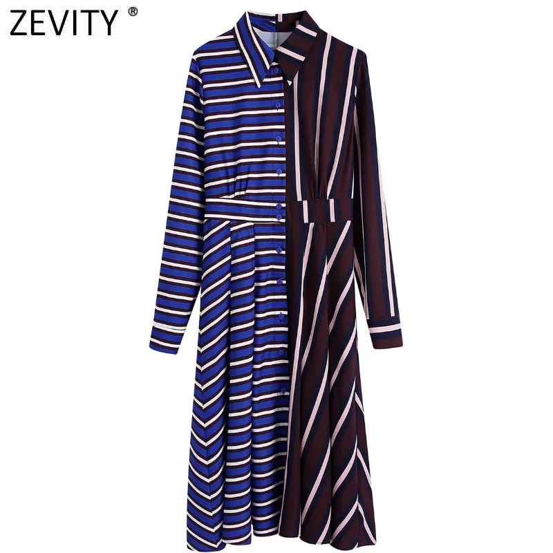 

ZEVITY Women Vintage Striped Patchwork Print Casual Slim Midi Shirt Dress Female Chic Long Sleeve Vestidos Party Dresses DS9140