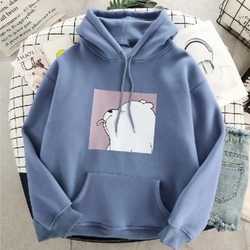

Women's white bear hooded sweatshirt, Kawai cartoon printed garment, long sleeve, gray, winter