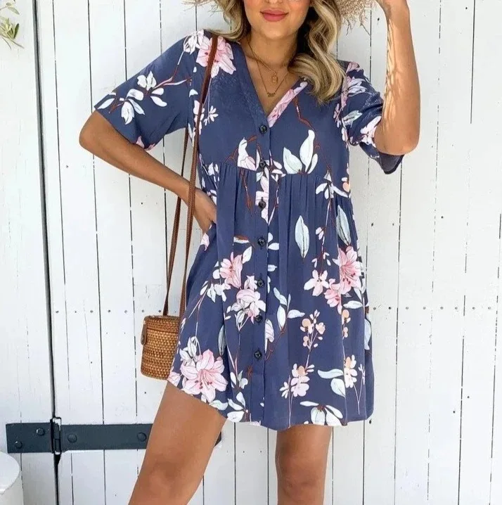 

Fashion Floral Print Ethnic Summer Beach Female Women Dresses V-Neck Short Sleeve Printed Beach Dress Sacos De Mujer De Vestir