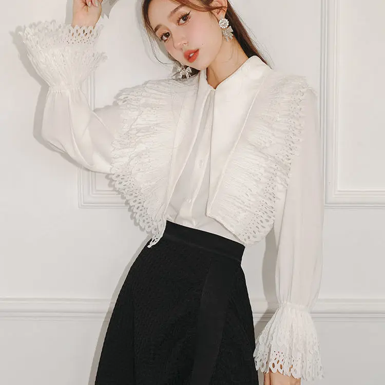

2022 Spring Woman Fashion Loose Long Sleeve Chiffon Lace Shirt Female Single Breasted Shirts Ladies Casual Solid Blouses B216