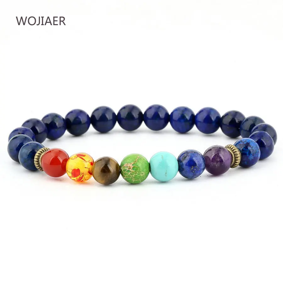 

WOJIAER 7 Chakra Aquamarines Lapis Beads Bracelets Bangles Natural Stone Rosary Yoga Mala Bead Meditation Women Jewelry ZBM061