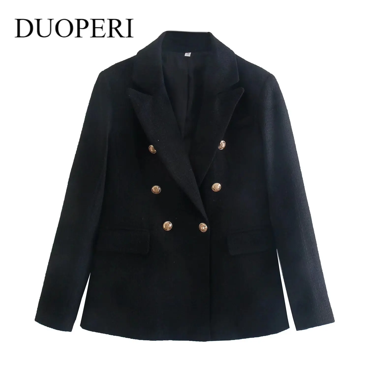 

DUOPERI Women Fashion Textured Blazer with Buttons Details Lapel Collar Long Sleeves Front Flap Pockets Elegant Female Jacket