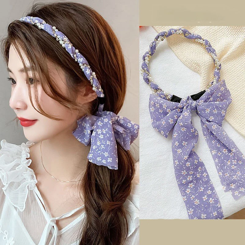 

Повязка на голову женская с жемчугом, обруч с принтом из ленты, плетеный ободок, модный аксессуар на голову, весенний