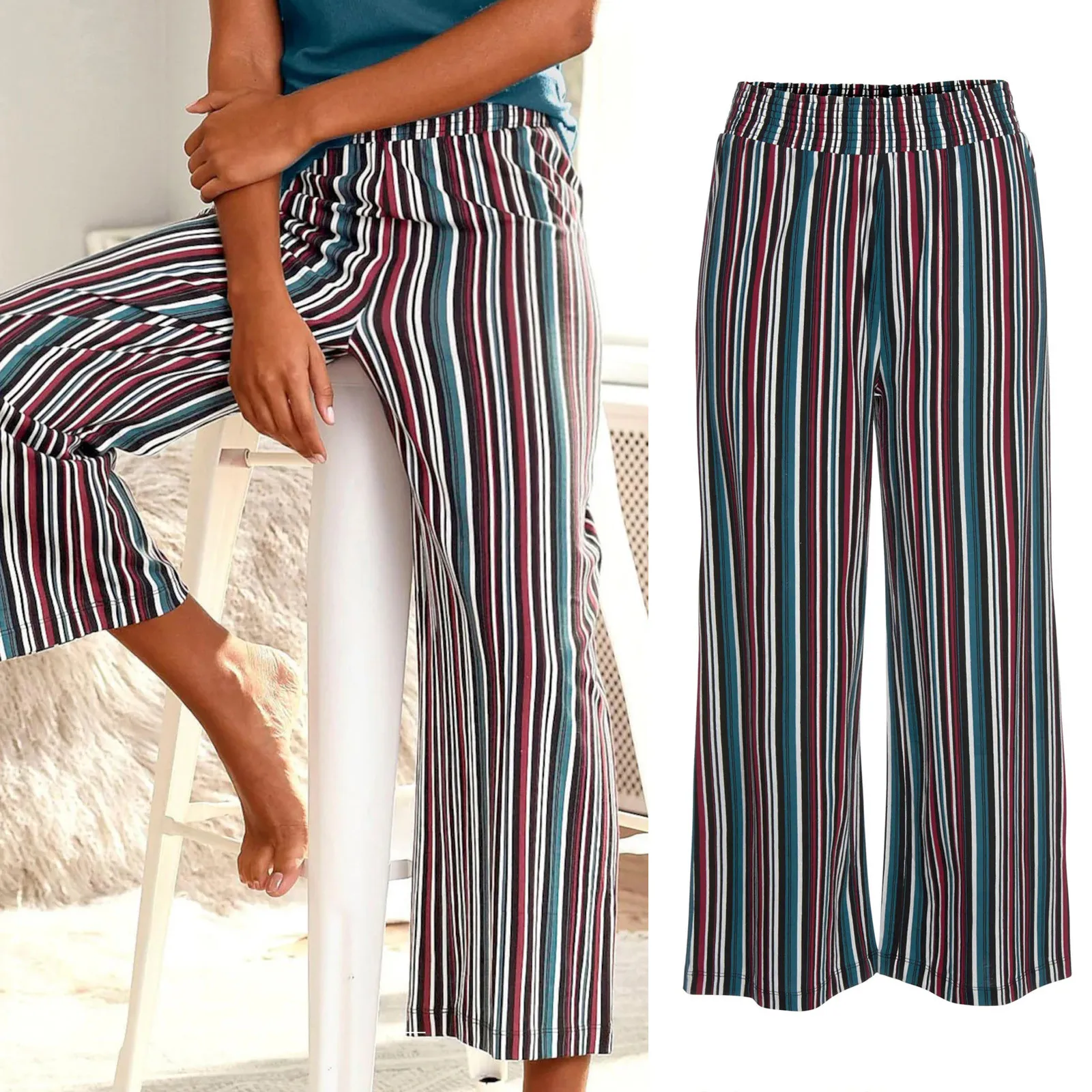 

Summer Pants 2021 New Women Casual Loose Thin Straight Pants Slim High Waist Floral Print Trousers Beach Capris Clothing@Q