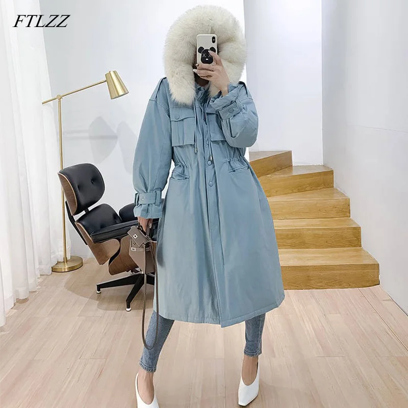 FTLZZ женский пуховик на 90% белом утином пуху с воротником из натурального Лисьего