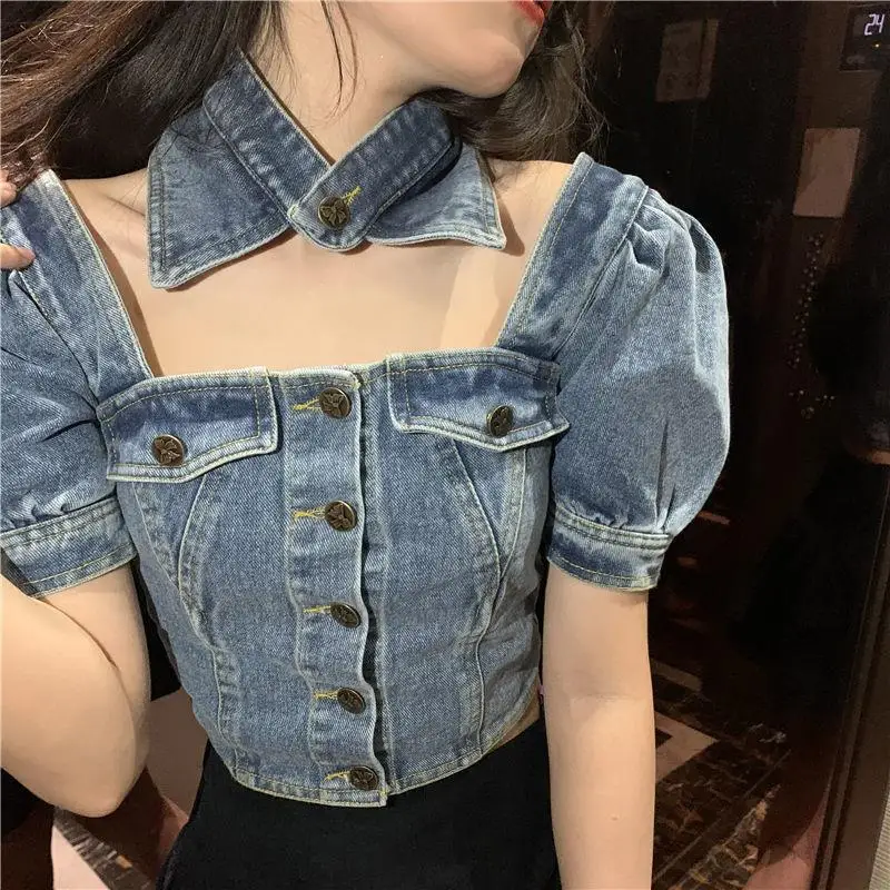

French clavicle hanging neck denim shirt women's summer shoulders puff sleeves short chic tops, high-quality sense
