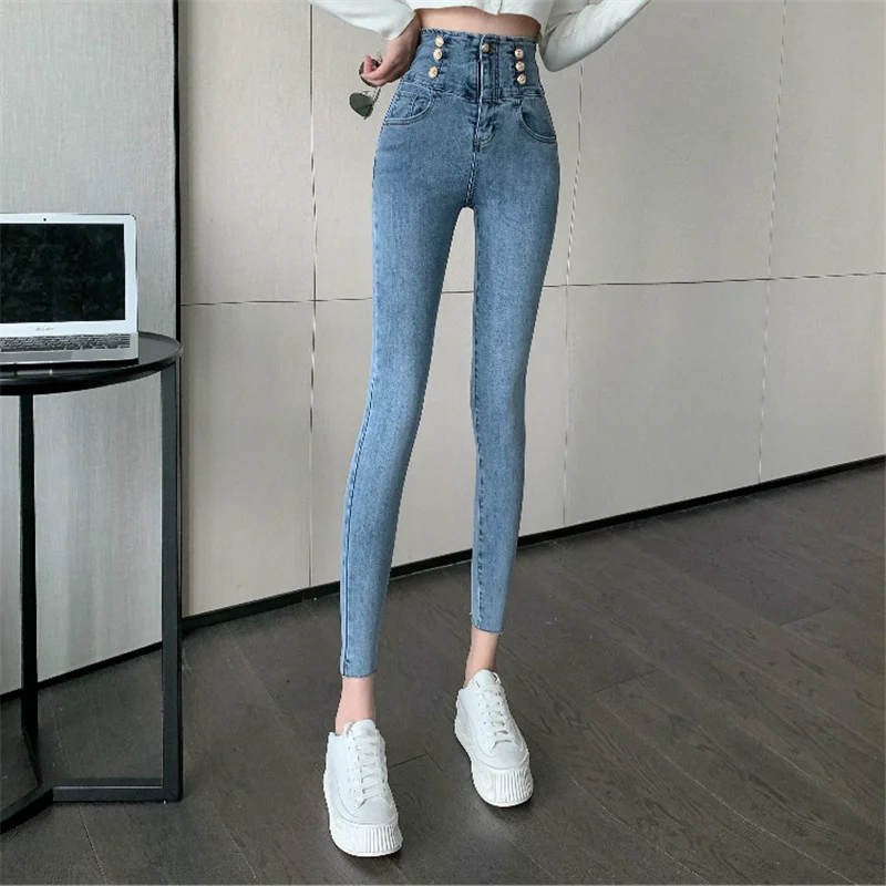 

Spring and summer new style all-match fashion high waist metal buckle stretch thin jeans women's feet pants