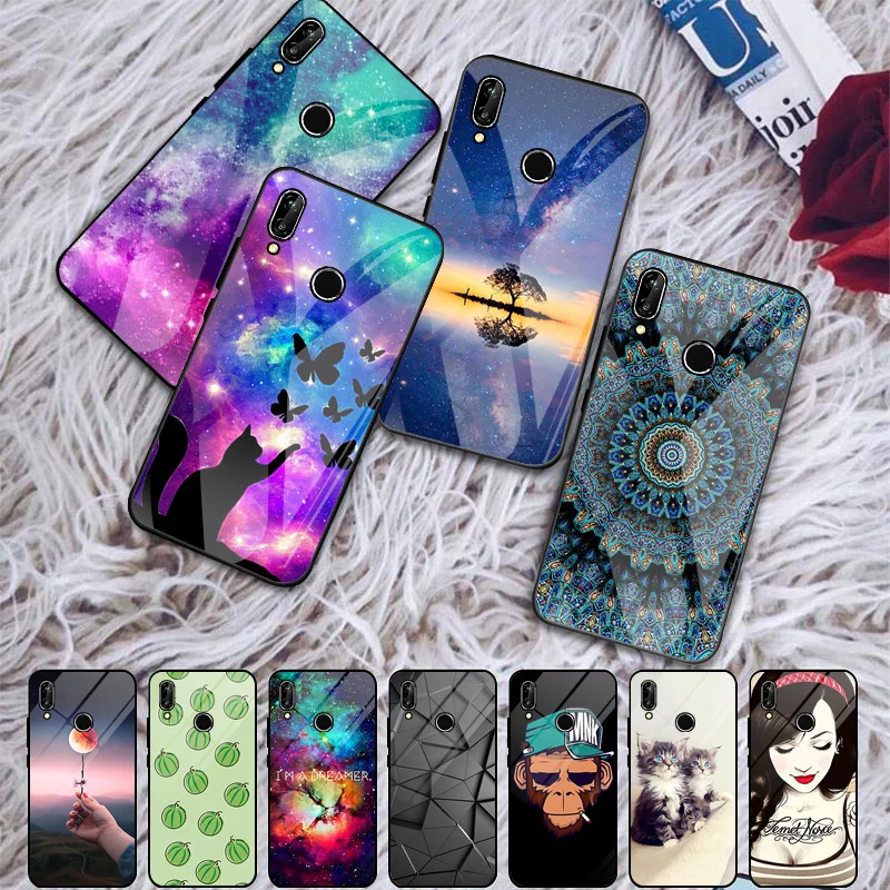 Painted Cases For Huawei P20 Lite Case Tempered Glass Cover On Huawei P20 P20 Plus P20 Pro Shell Flower Animal Bumper Fundas