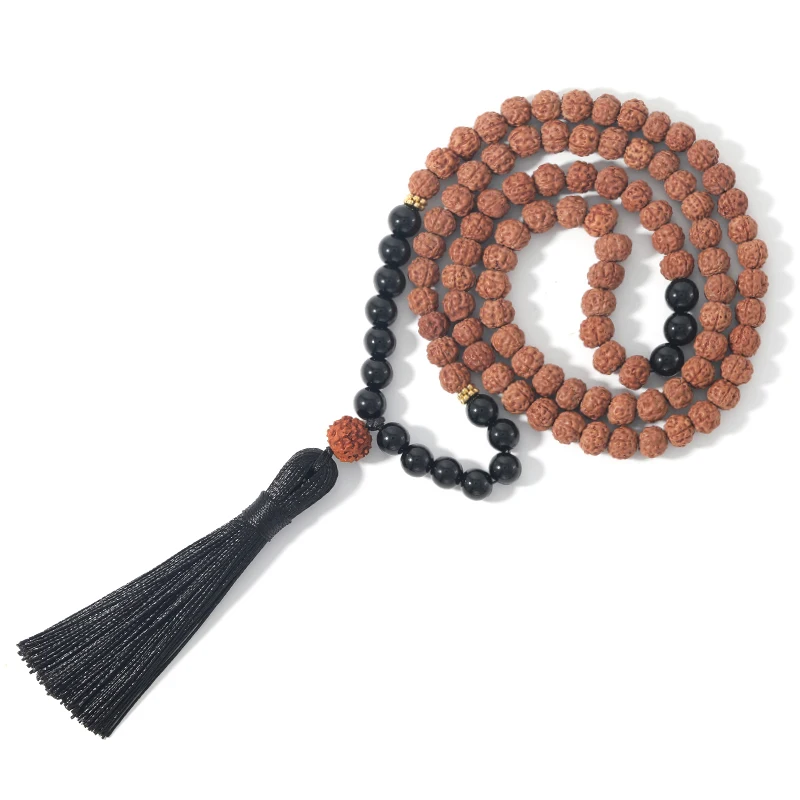 108 Mala Beads Necklace 8MM Black Onyx & Natural Rudraksha Black Tassel Meditation Yoga Blessing Japamala Jewelry