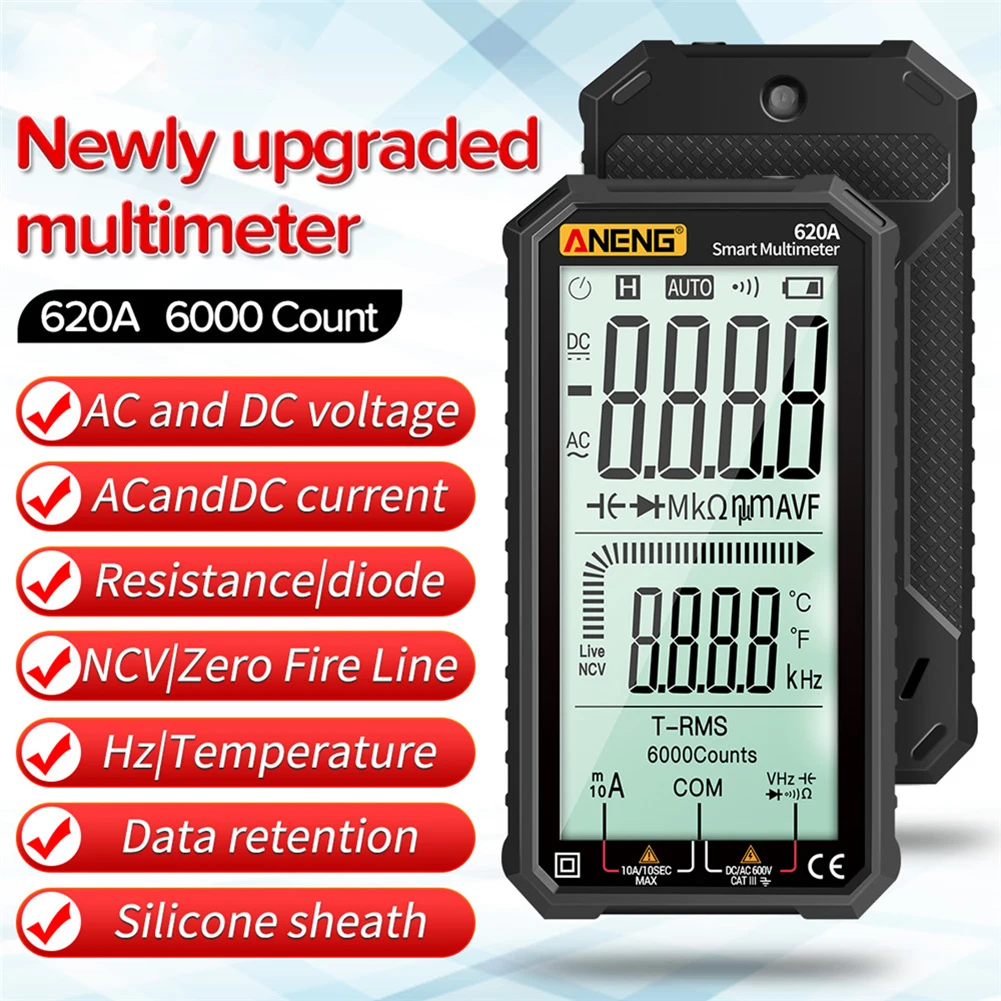 

ANENG 620A Digital Multimeter True-RMS Auto-Ranging AC/DC Volt Ohm Capacitance Continuity Temperature Frequency Meter NCV Tester