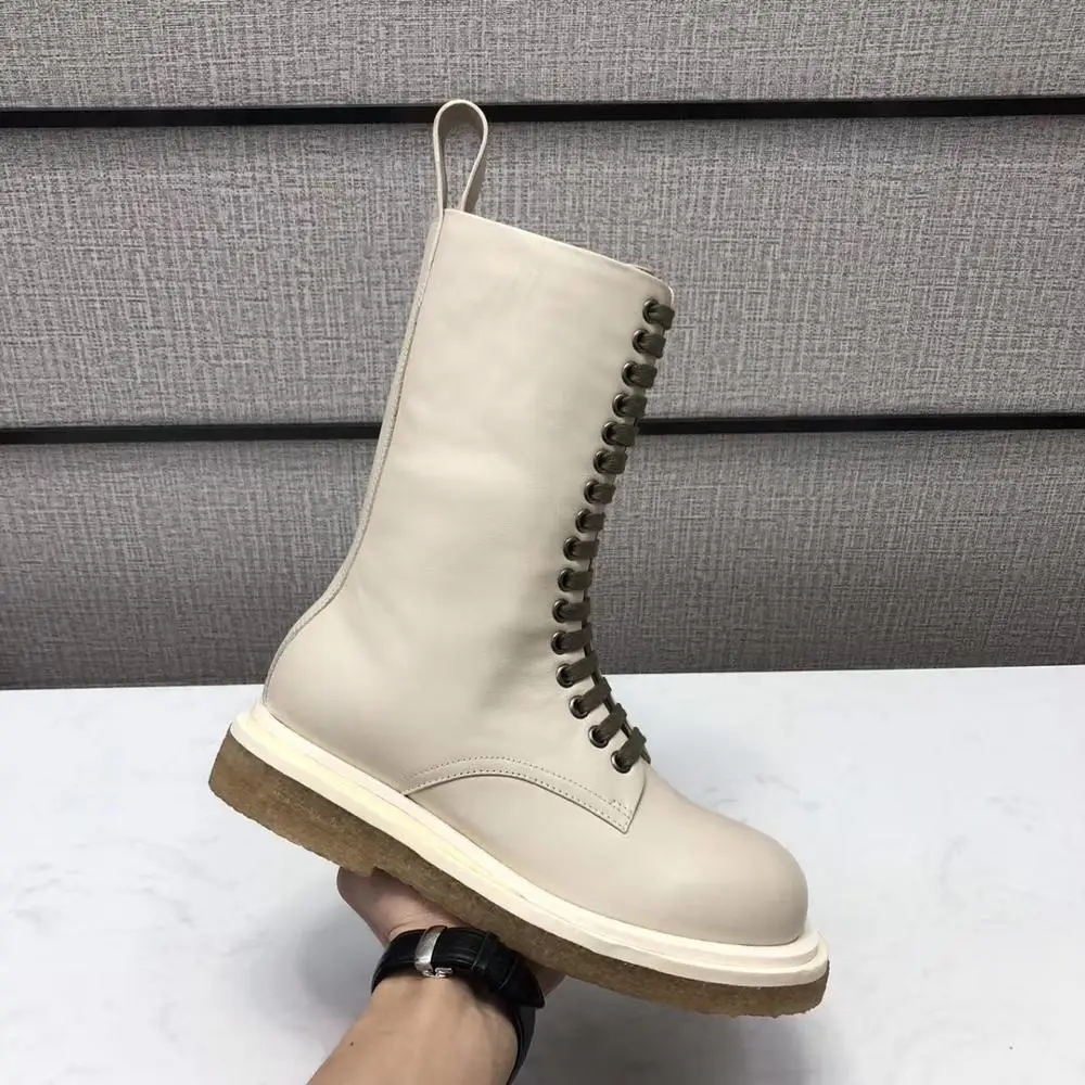 

New FW 2020 High Quality Black Mid-calf Leather Combat Lace-up Boots Women Genuine Leather Boots